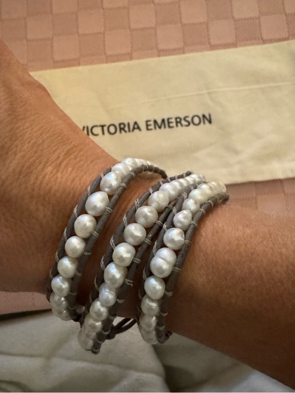 Victoria Emerson Pearl Wrap Bracelet with Taupe Cord